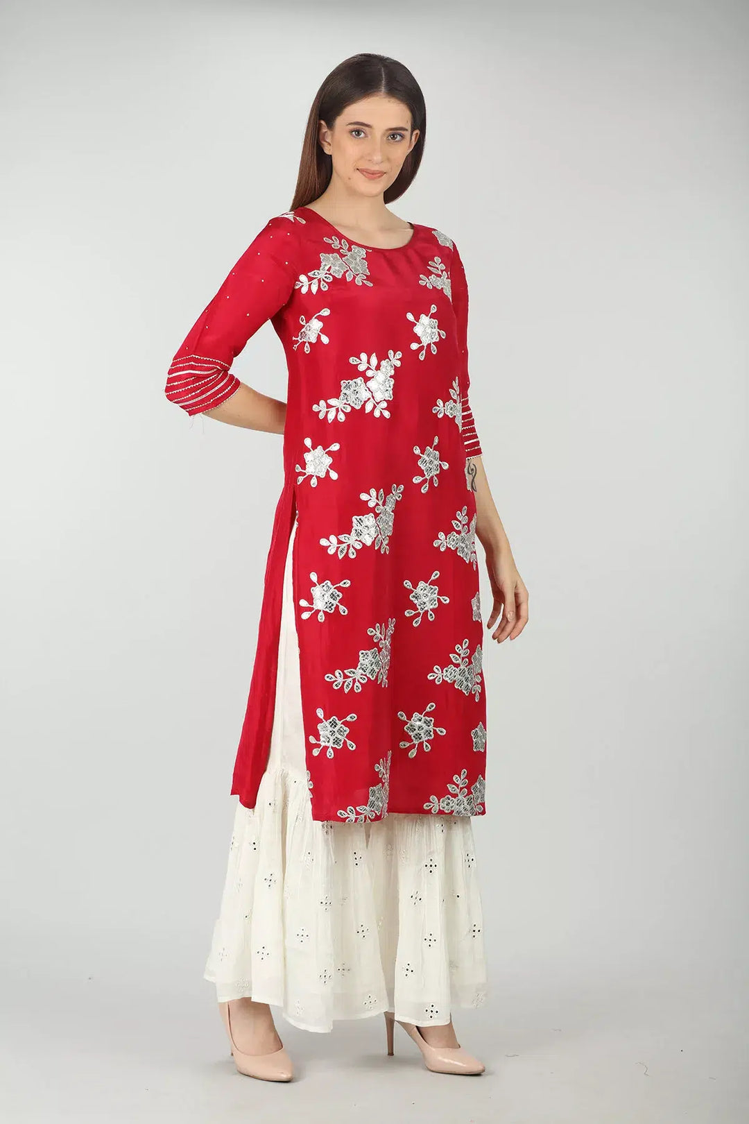 RED EMBELLISHED STRAIGHT KURTI
