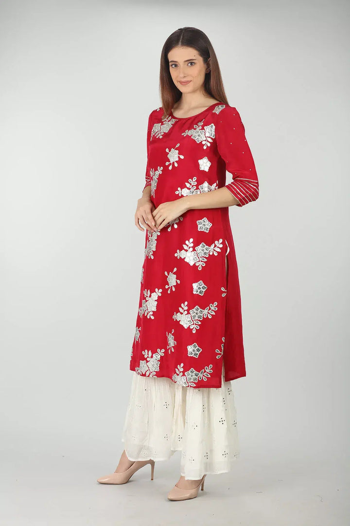 RED EMBELLISHED STRAIGHT KURTI
