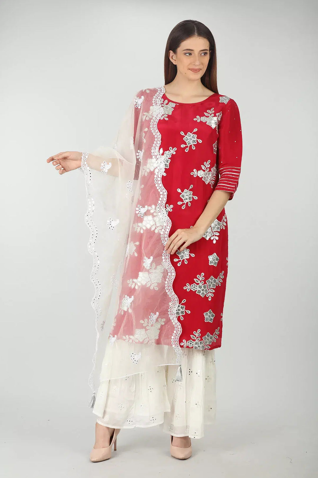 RED EMBELLISHED STRAIGHT KURTI