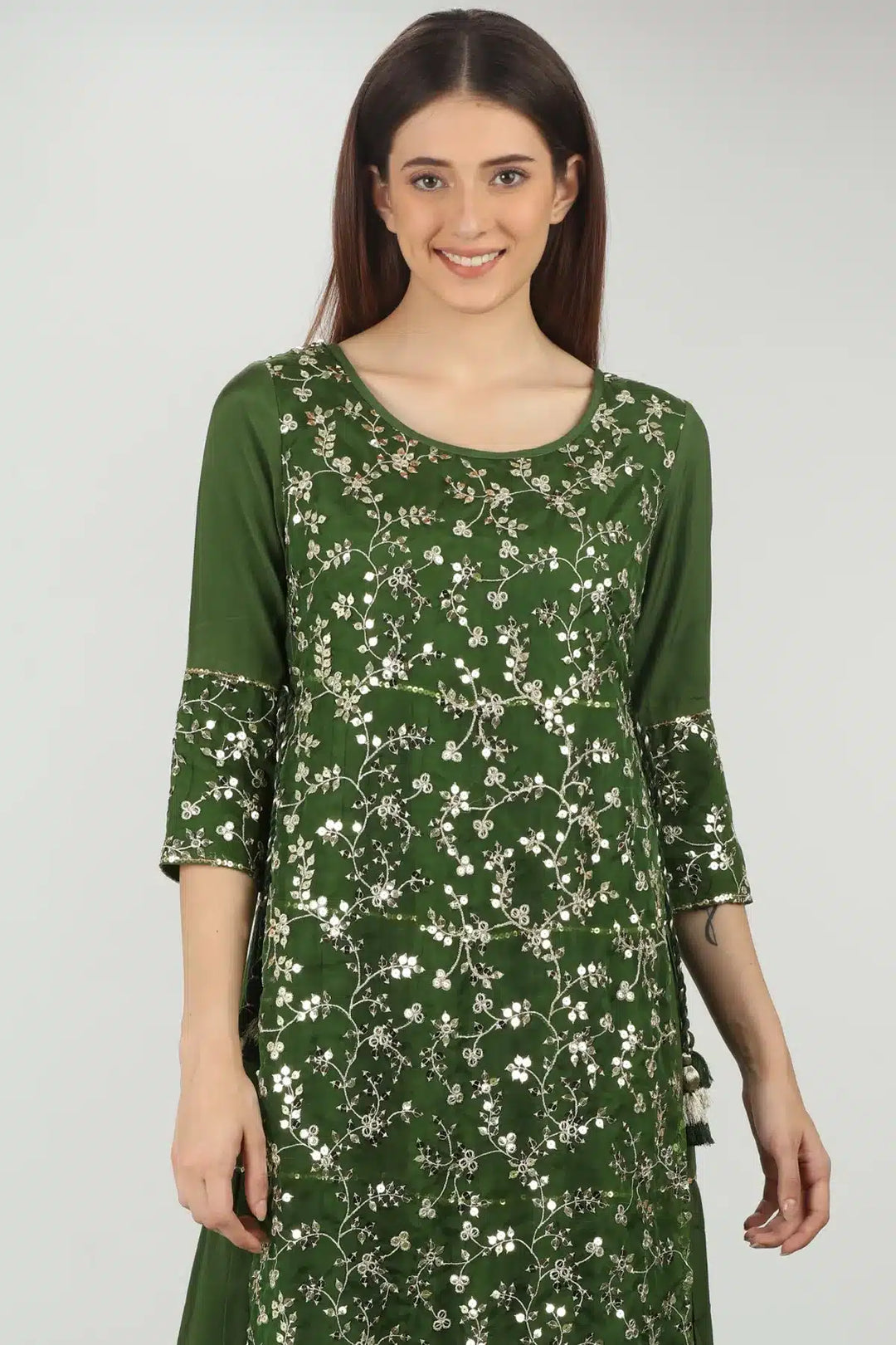 Green Embroidered kurti with round neck