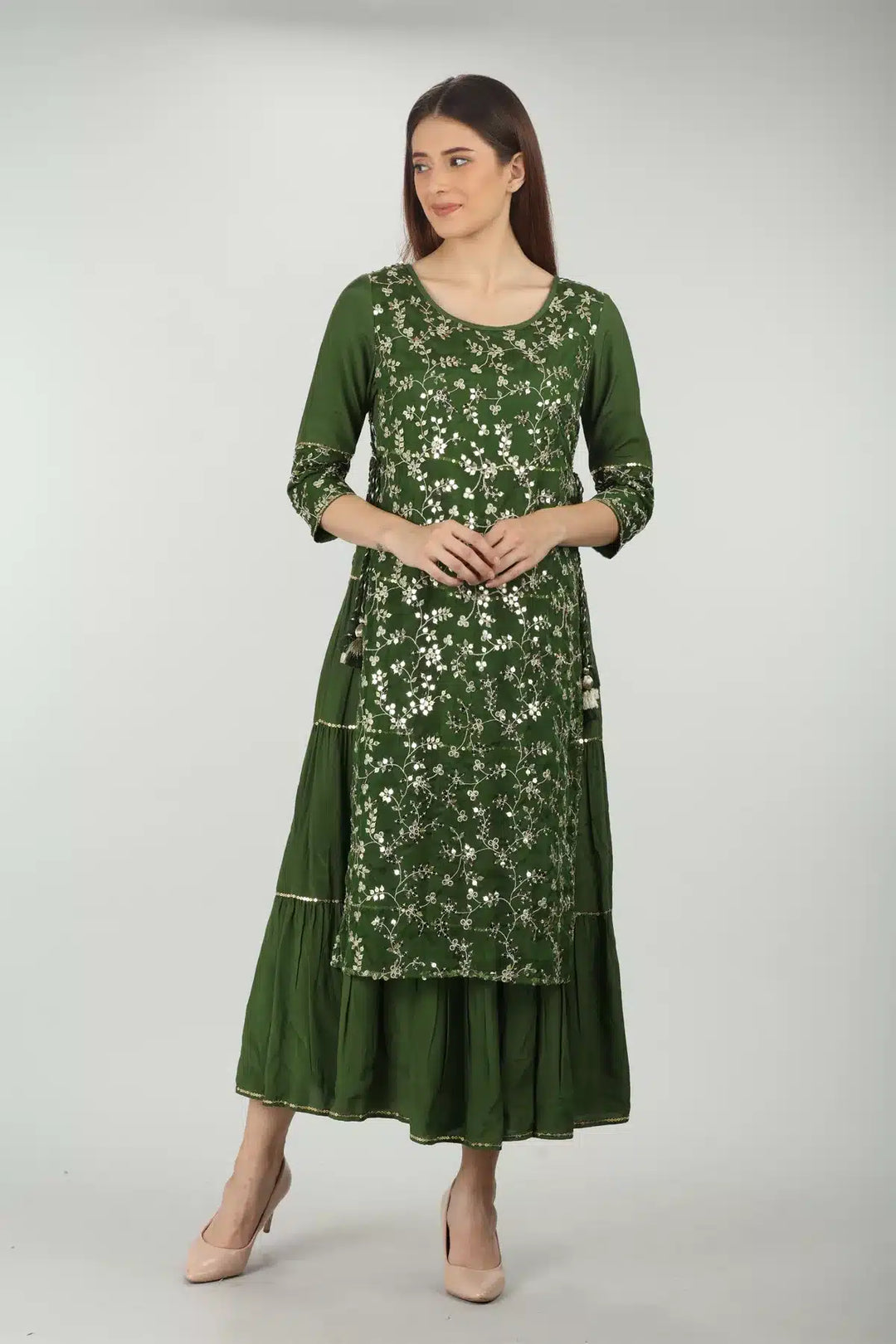 Green Embroidered kurti with round neck