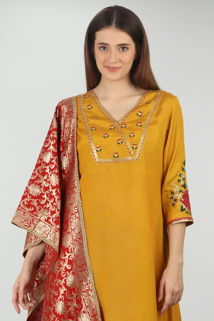 Yellow Embroidery A Line Kurti