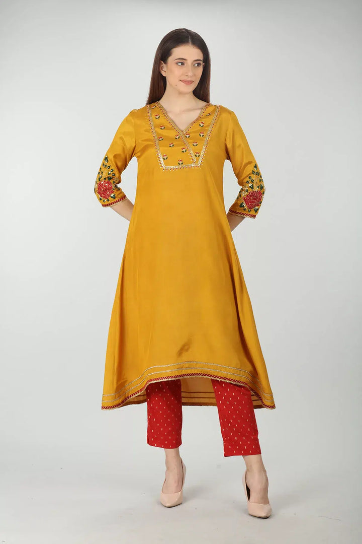 Yellow Embroidery A Line Kurti