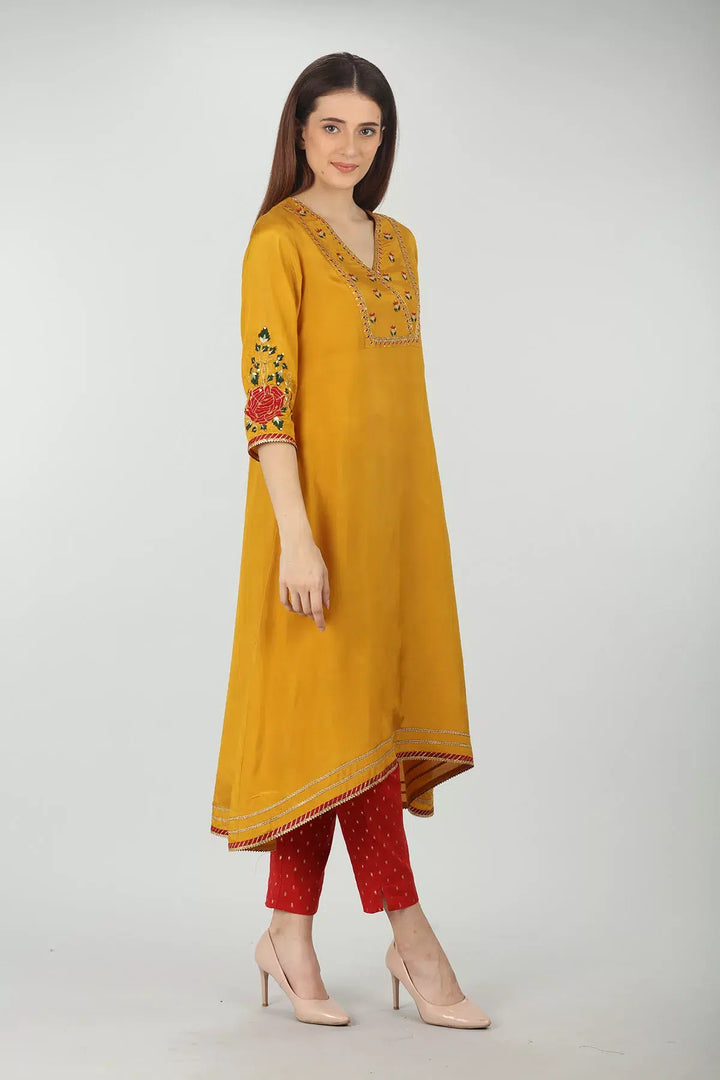 Yellow Embroidery A Line Kurti