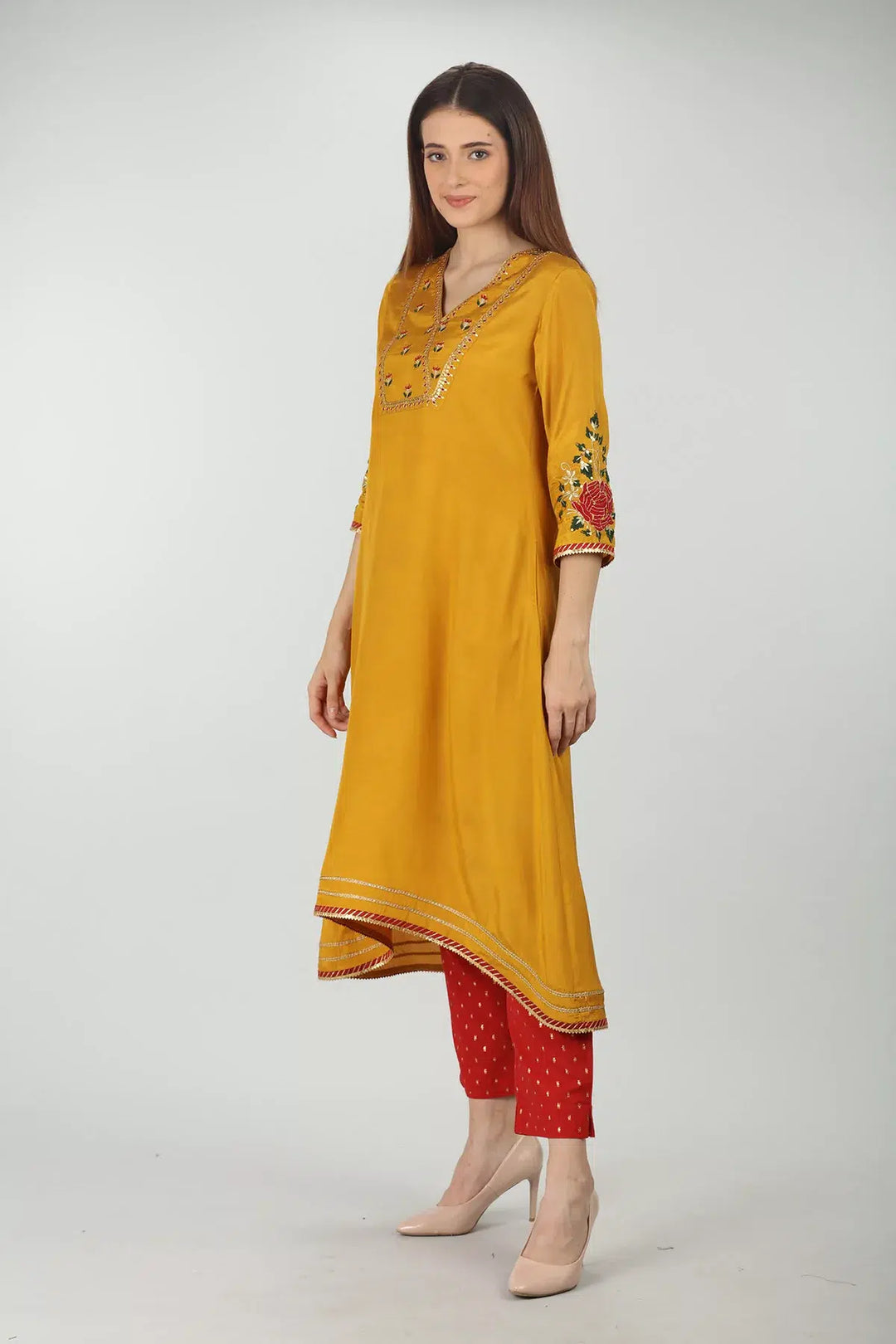 Yellow Embroidery A Line Kurti