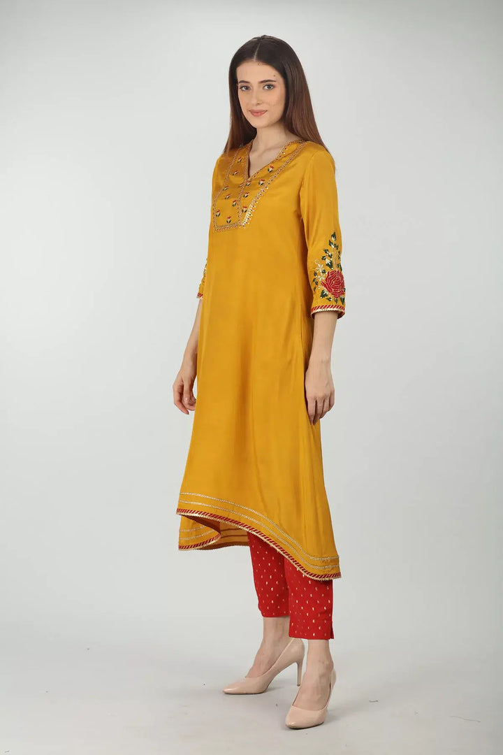 Yellow Embroidery A Line Kurti