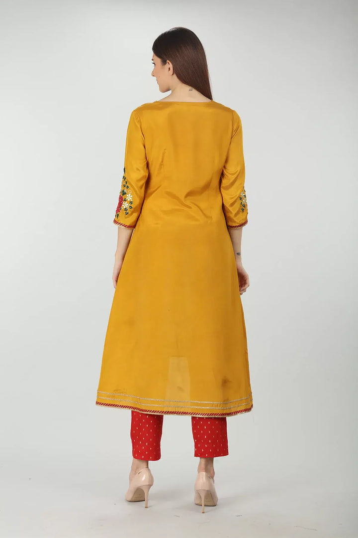 Yellow Embroidery A Line Kurti