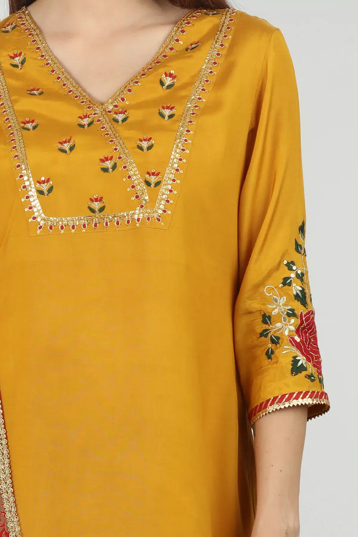 Yellow Embroidery A Line Kurti