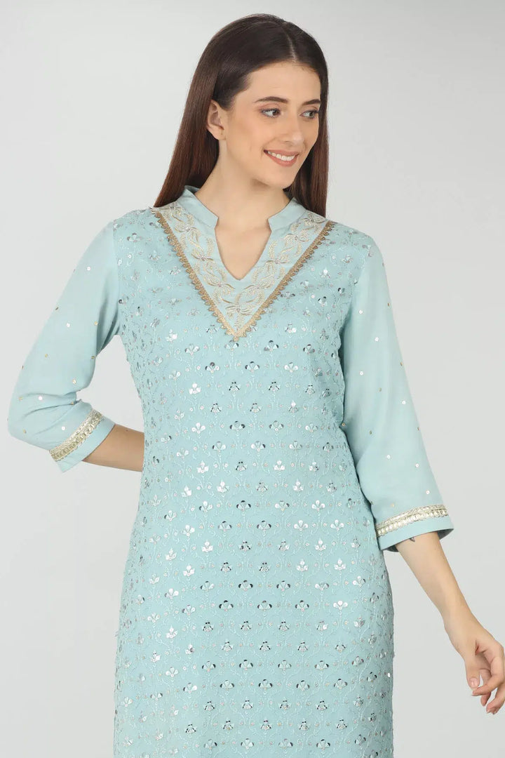 Light Blue Embellished Layered V Neck Kurti