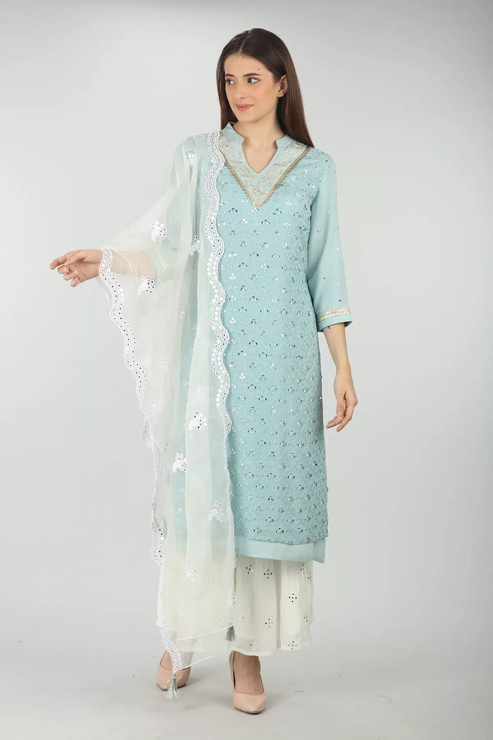 Light Blue Embellished Layered V Neck Kurti