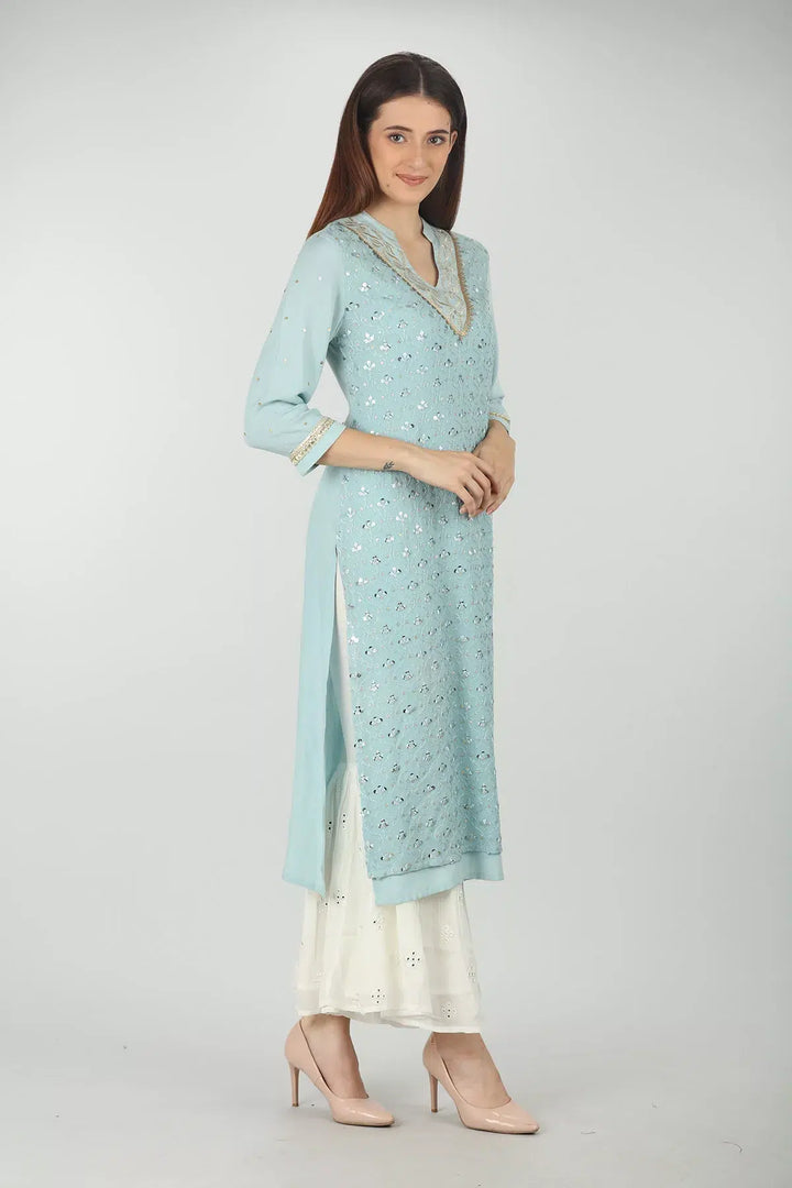 Light Blue Embellished Layered V Neck Kurti