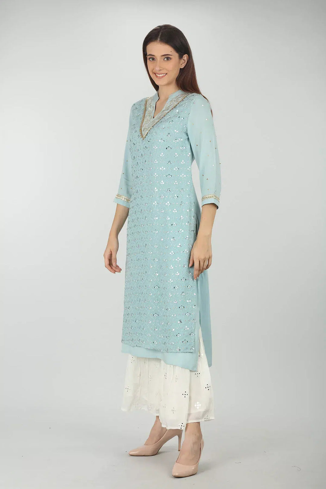 Light Blue Embellished Layered V Neck Kurti