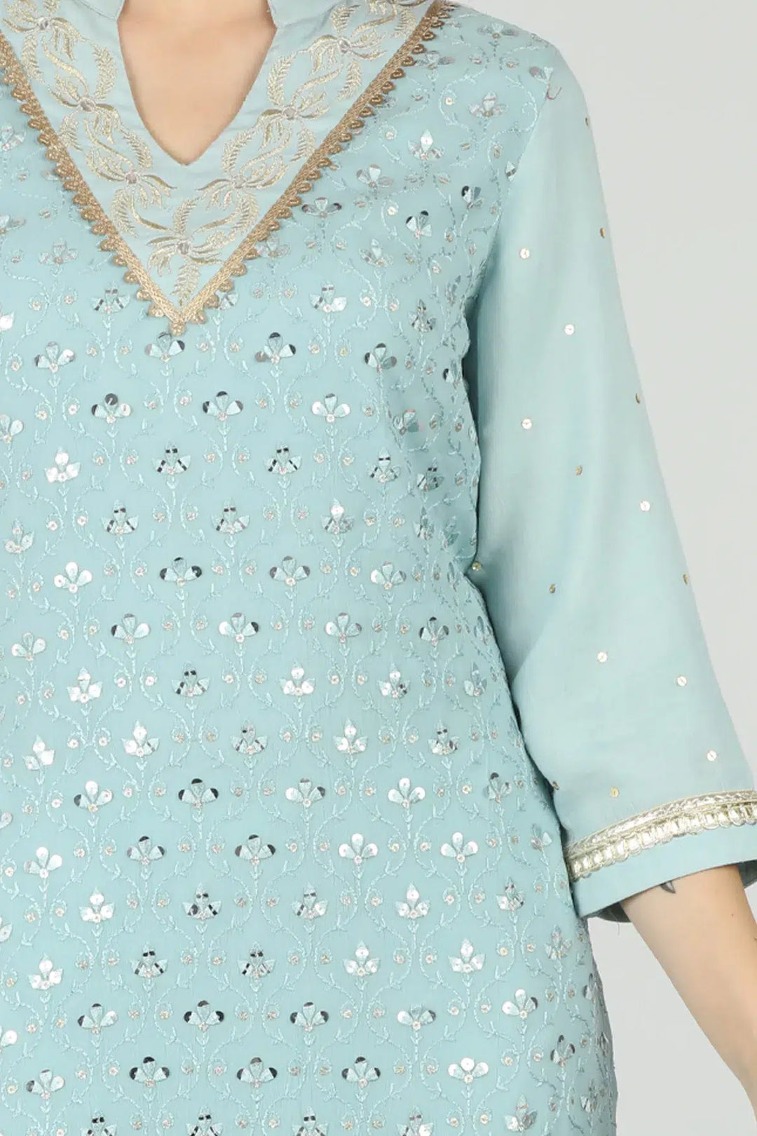 Light Blue Embellished Layered V Neck Kurti