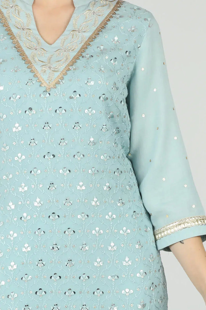 Light Blue Embellished Layered V Neck Kurti