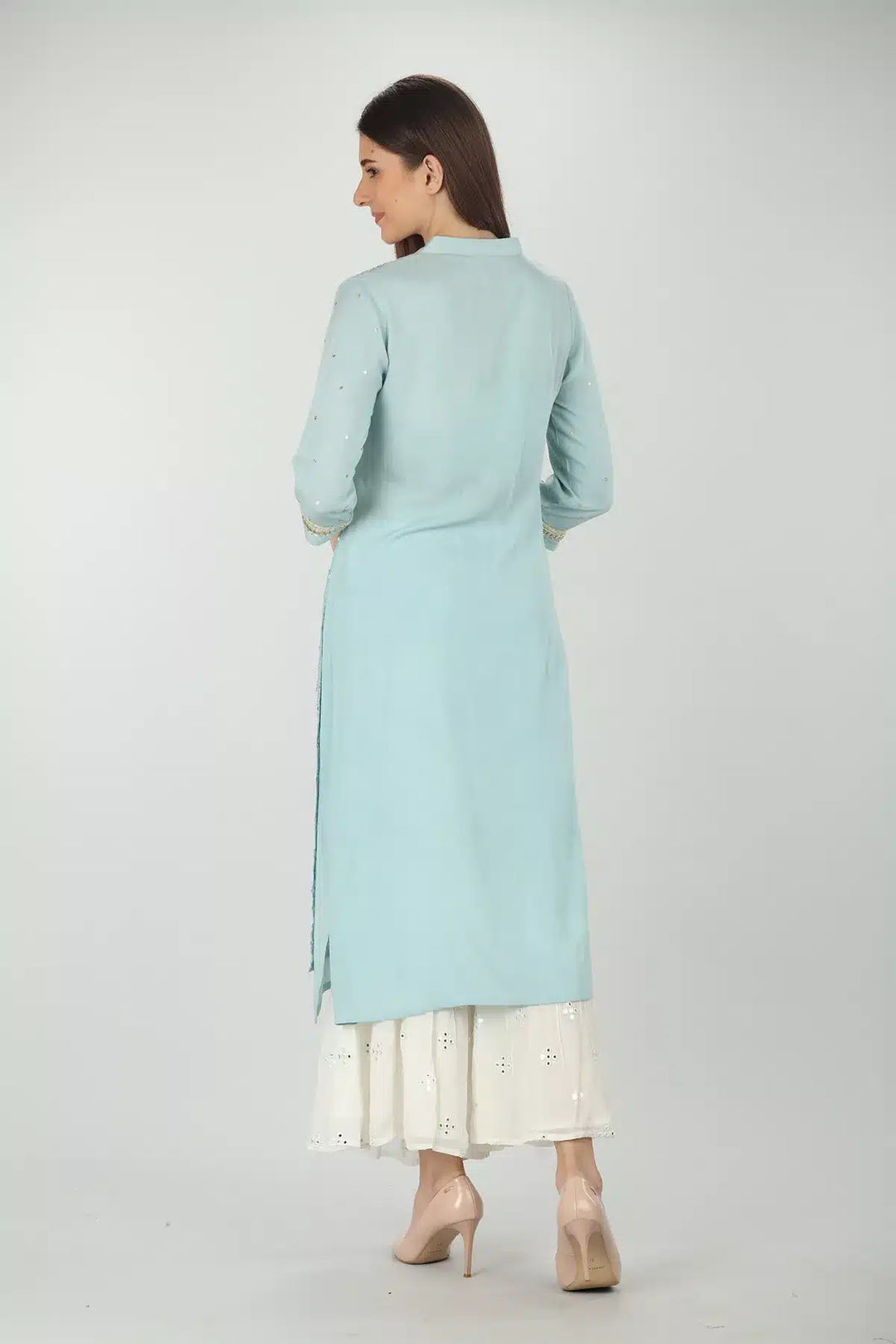 Light Blue Embellished Layered V Neck Kurti