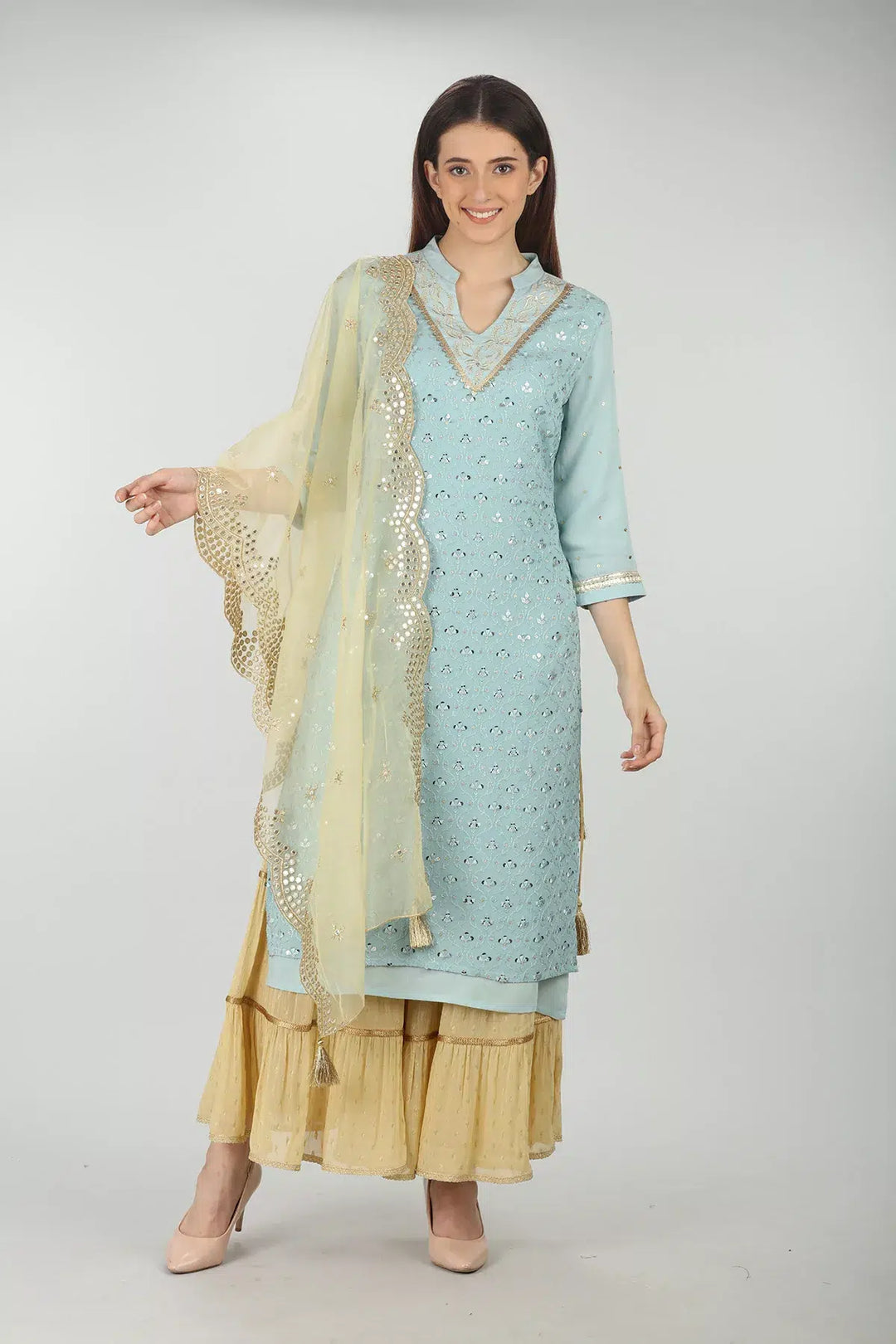 Light Blue Embellished Layered V Neck Kurti