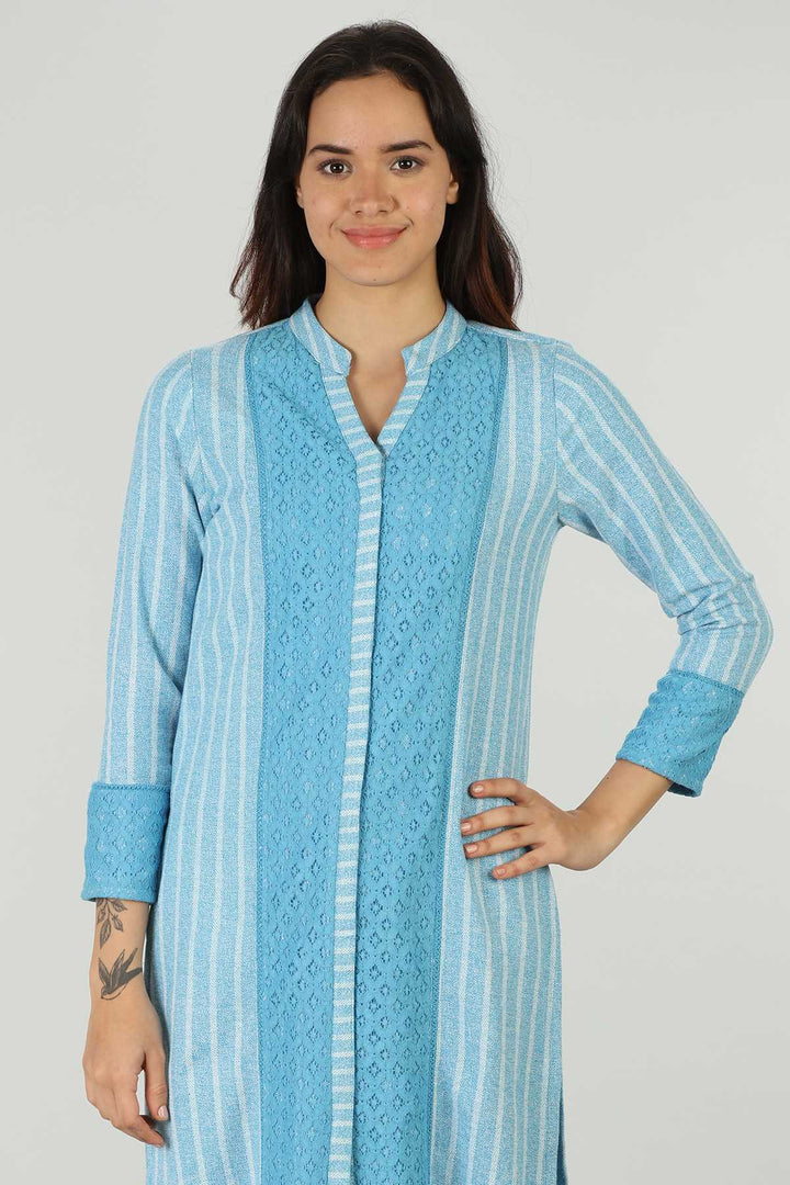 Striped Blue Embellished Kurta