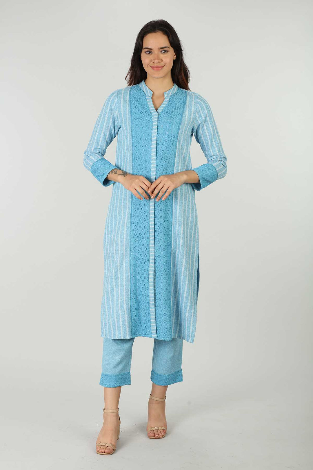 Striped Blue Embellished Kurta