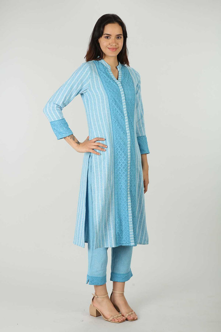 Striped Blue Embellished Kurta