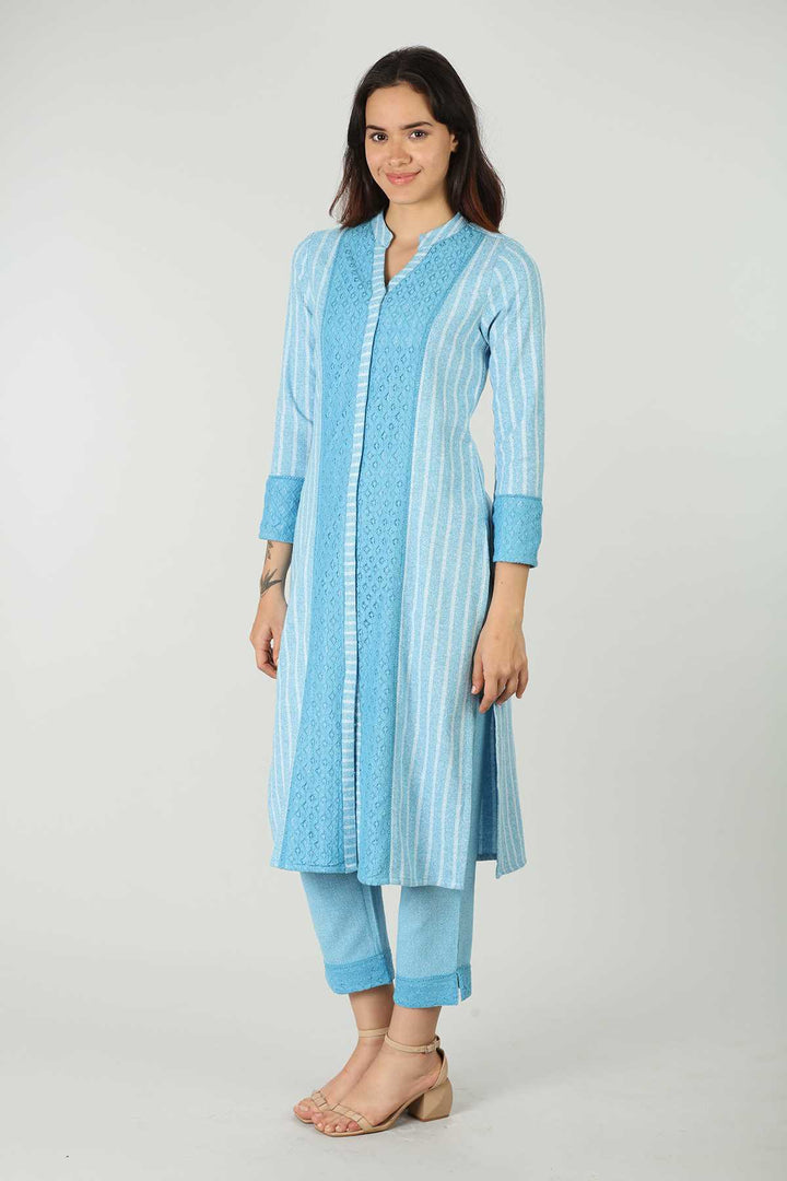 Striped Blue Embellished Kurta