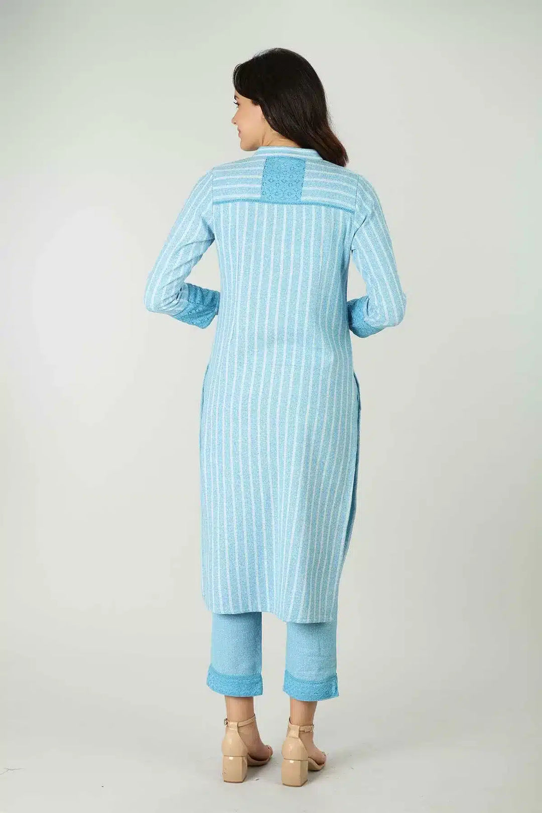 Striped Blue Embellished Kurta