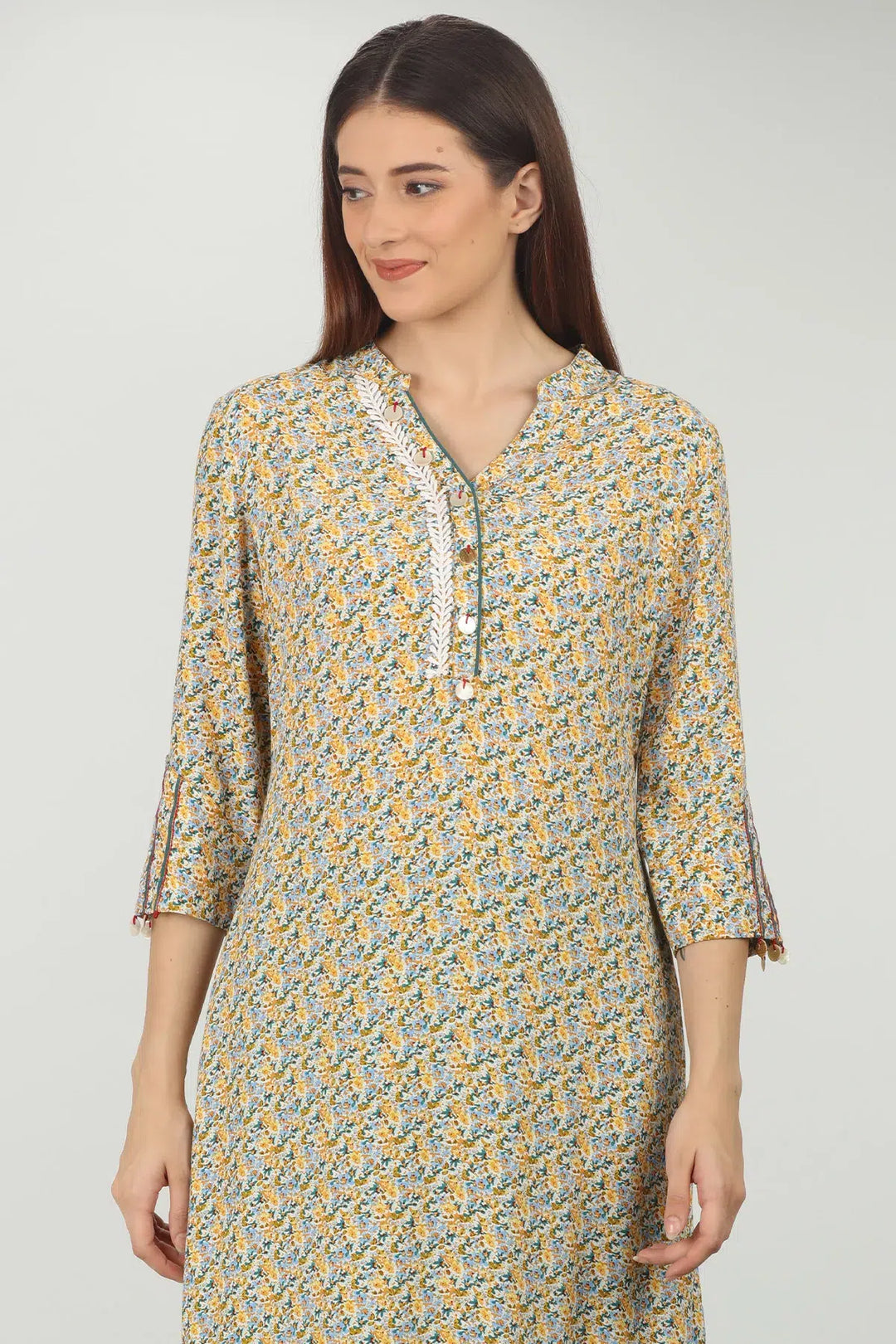 Yellow Printed A-line kurti