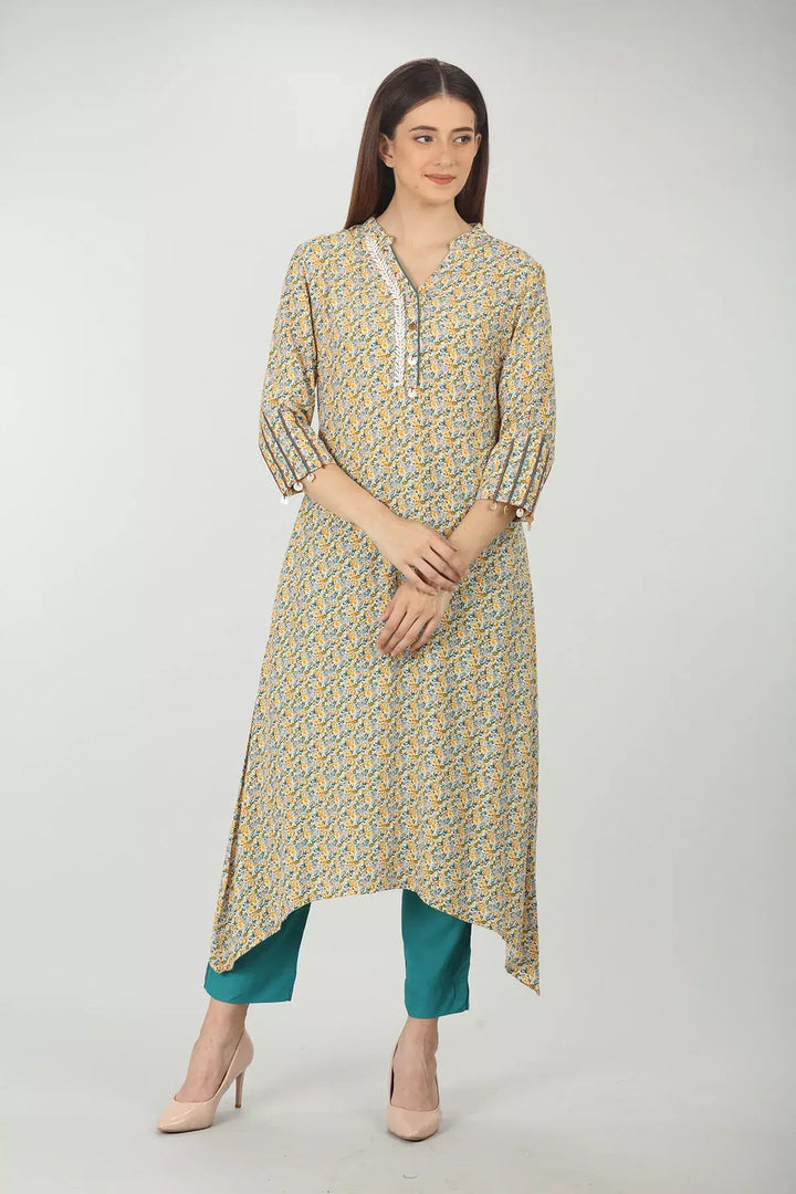 Yellow Printed A-line kurti