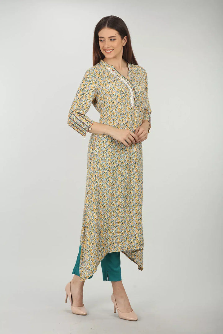 Yellow Printed A-line kurti