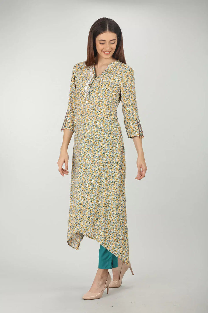 Yellow Printed A-line kurti