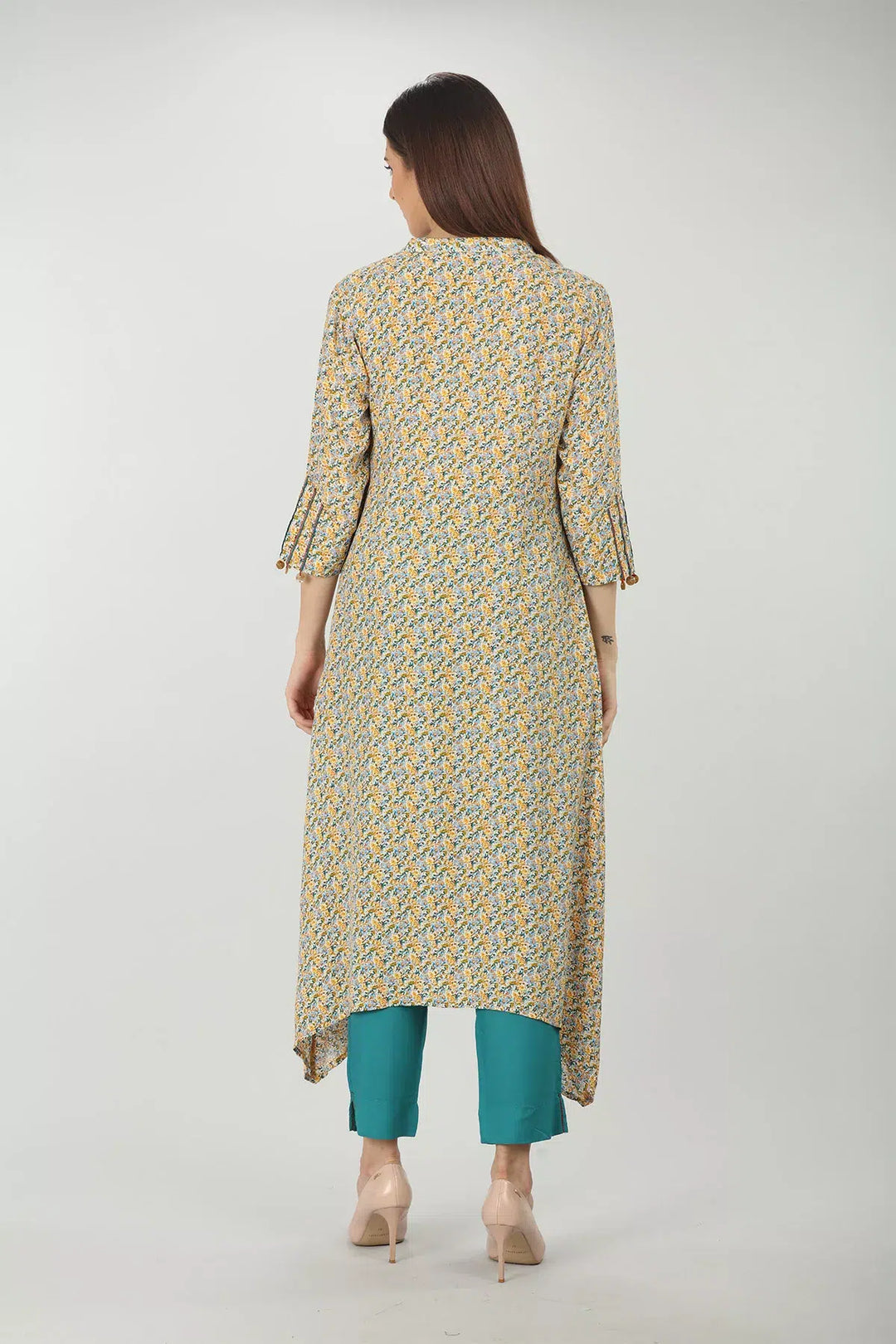 Yellow Printed A-line kurti