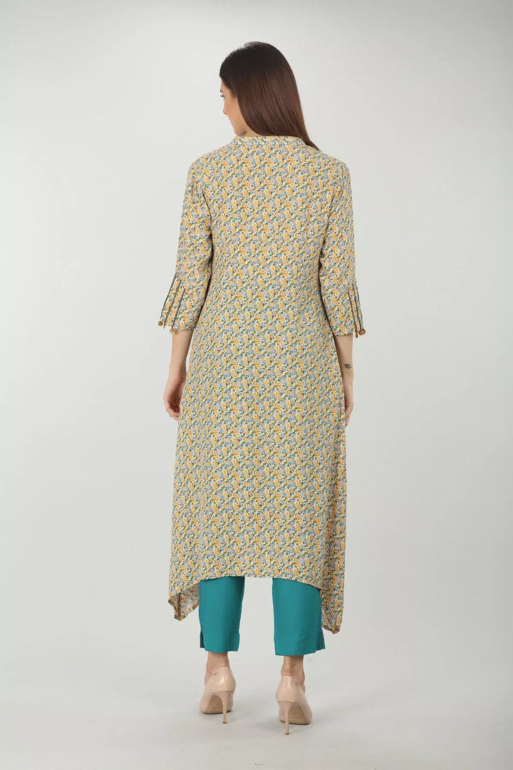 Yellow Printed A-line kurti