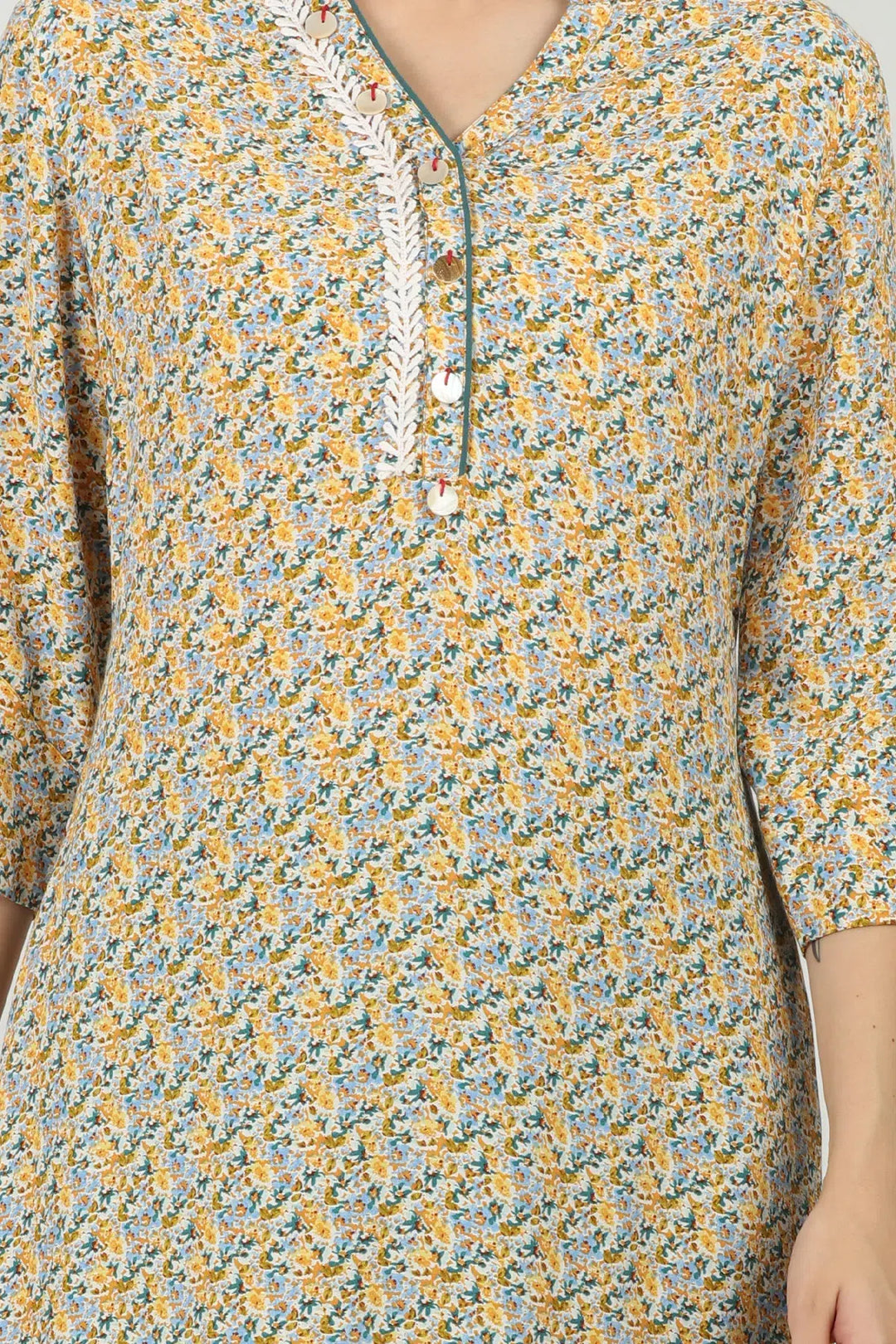 Yellow Printed A-line kurti
