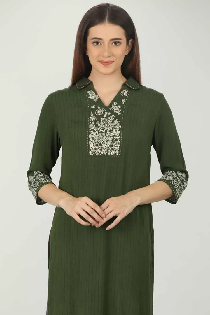 Green Stripe And  Embroidered Kurti