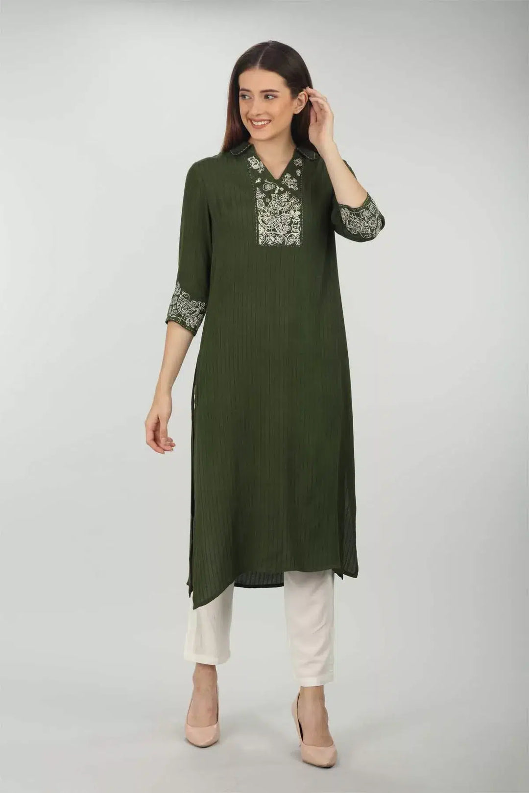 Green Stripe And  Embroidered Kurti