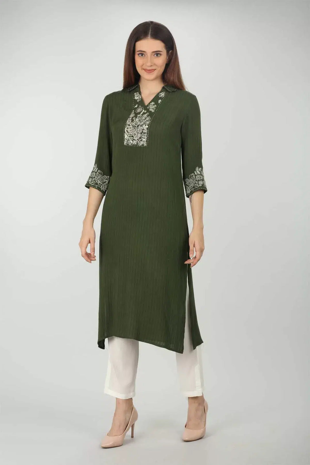 Green Stripe And  Embroidered Kurti