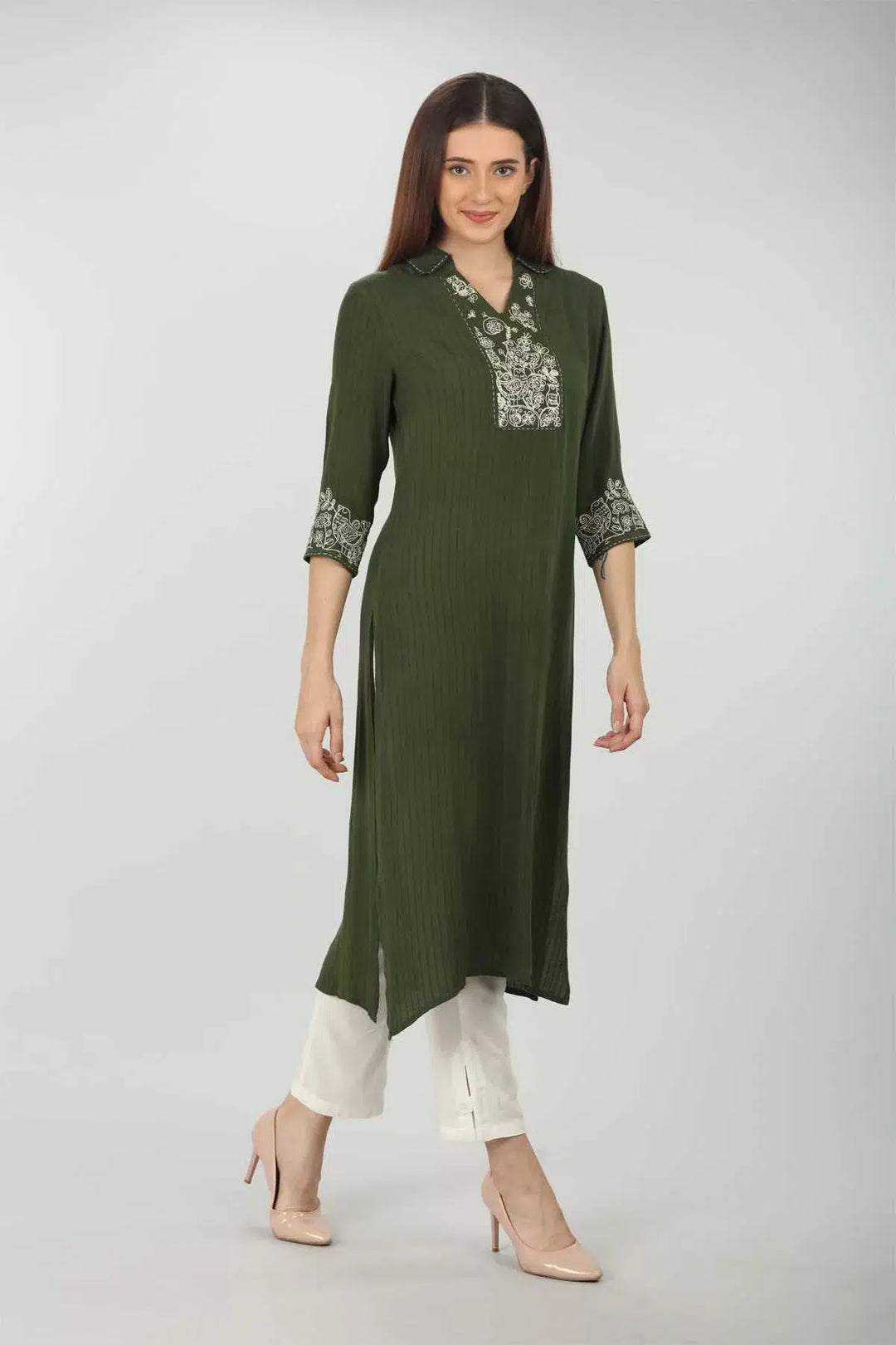 Green Stripe And  Embroidered Kurti