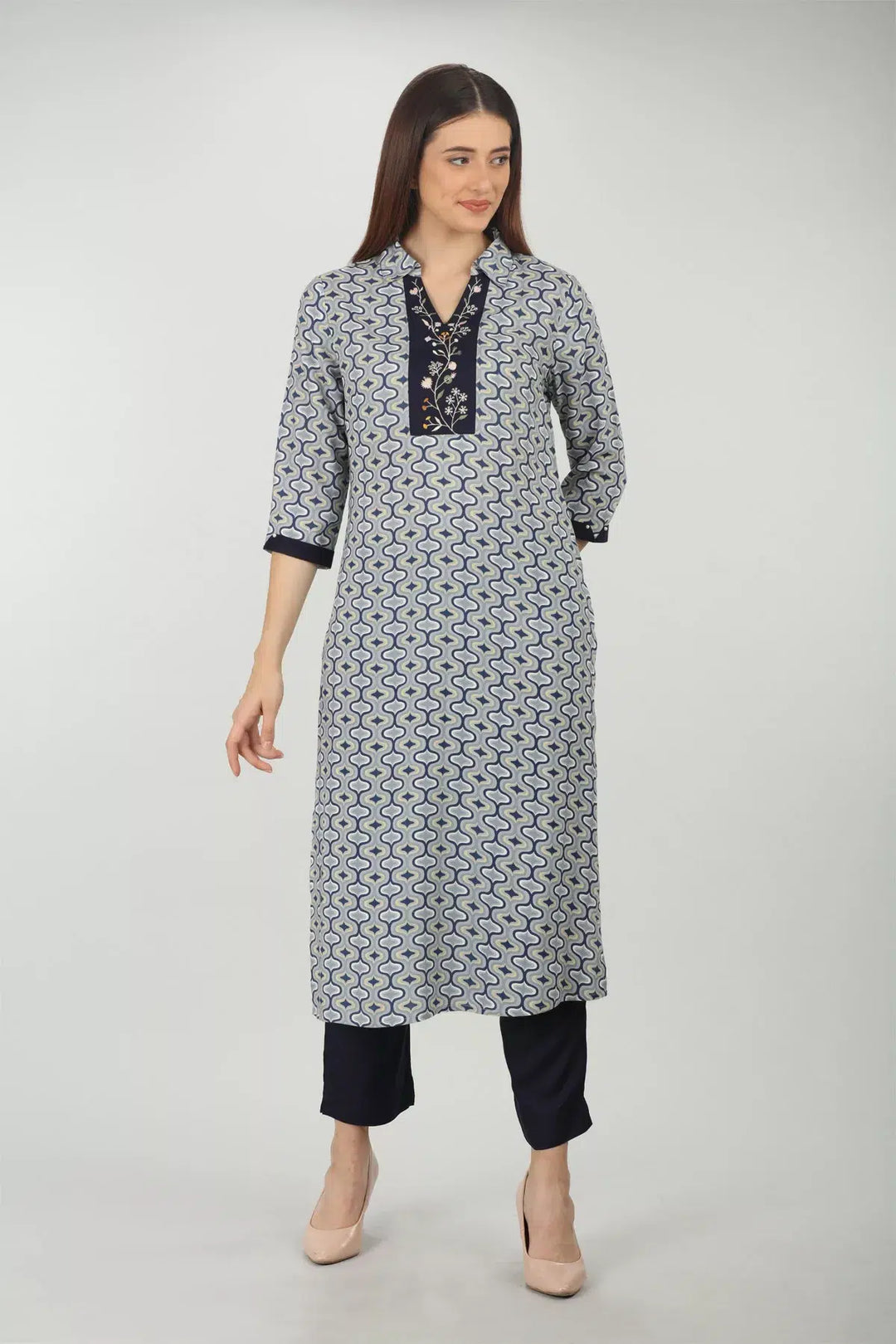Blue embroidered kurti with collared Neck