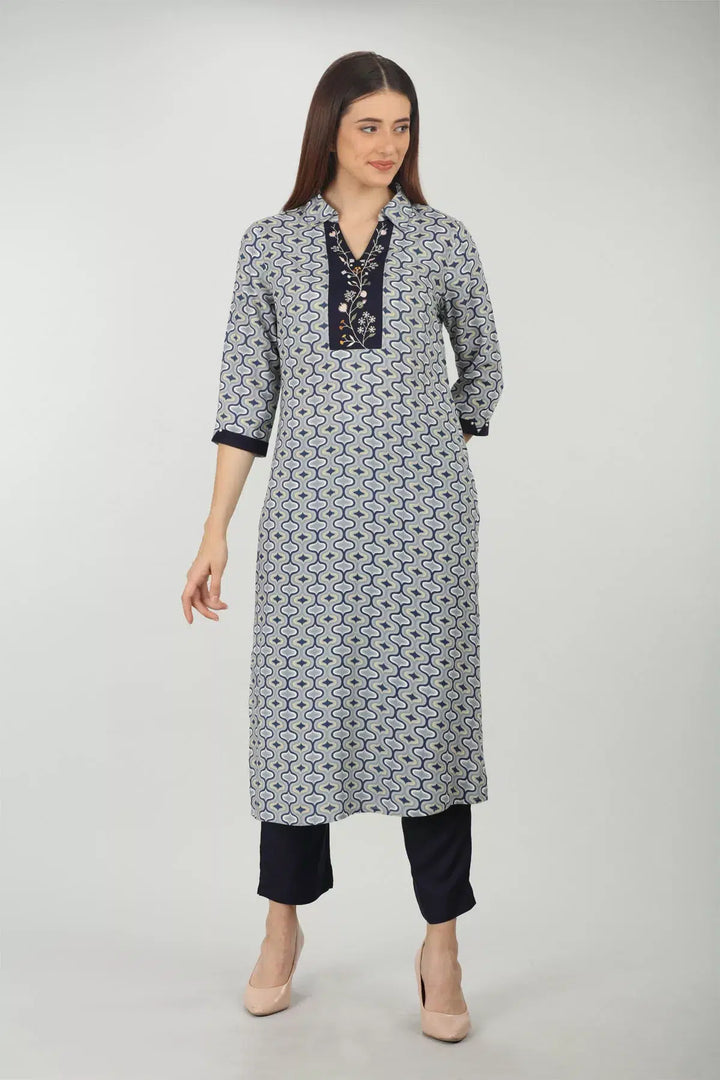 Blue embroidered kurti with collared Neck