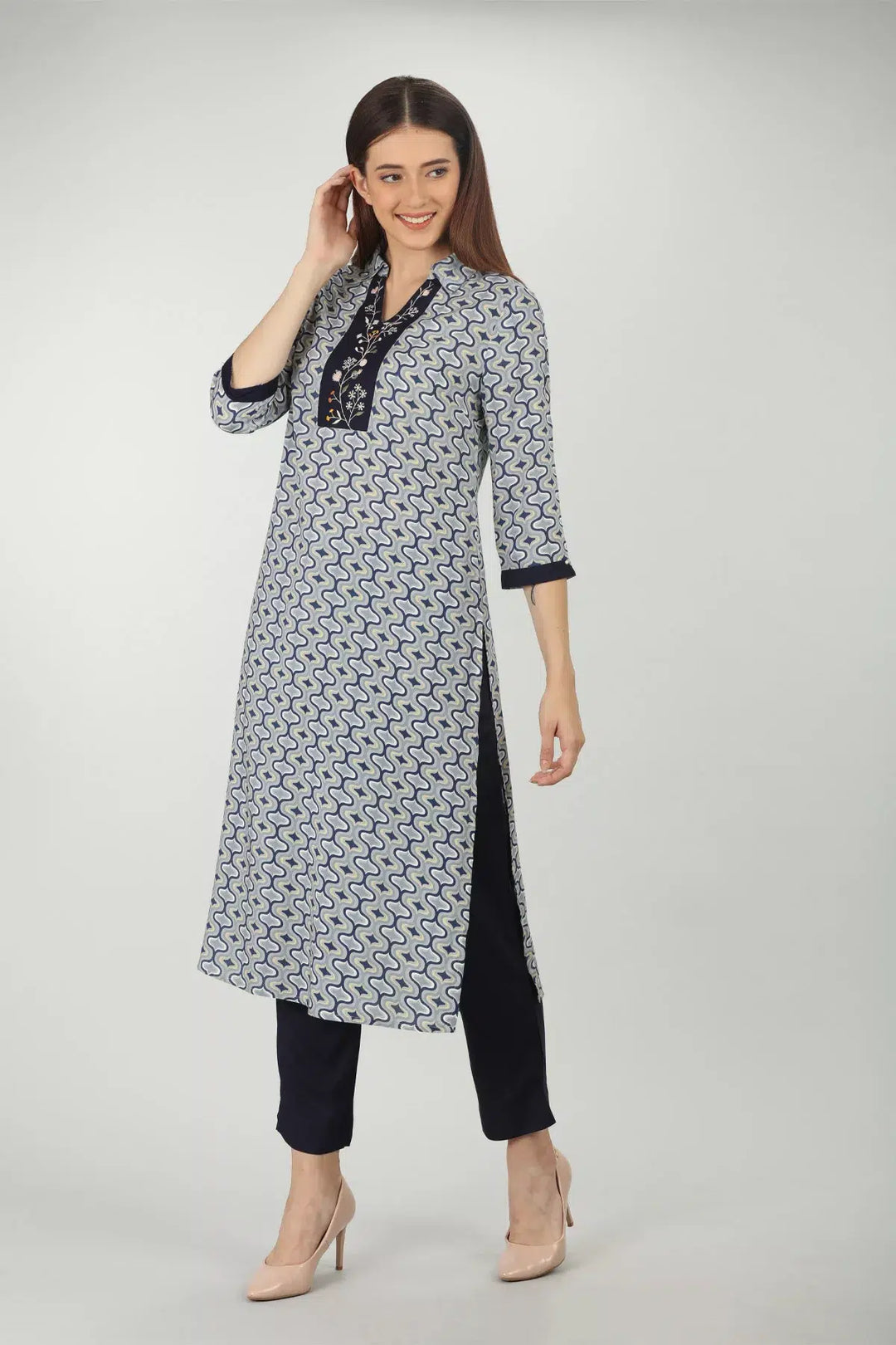 Blue embroidered kurti with collared Neck