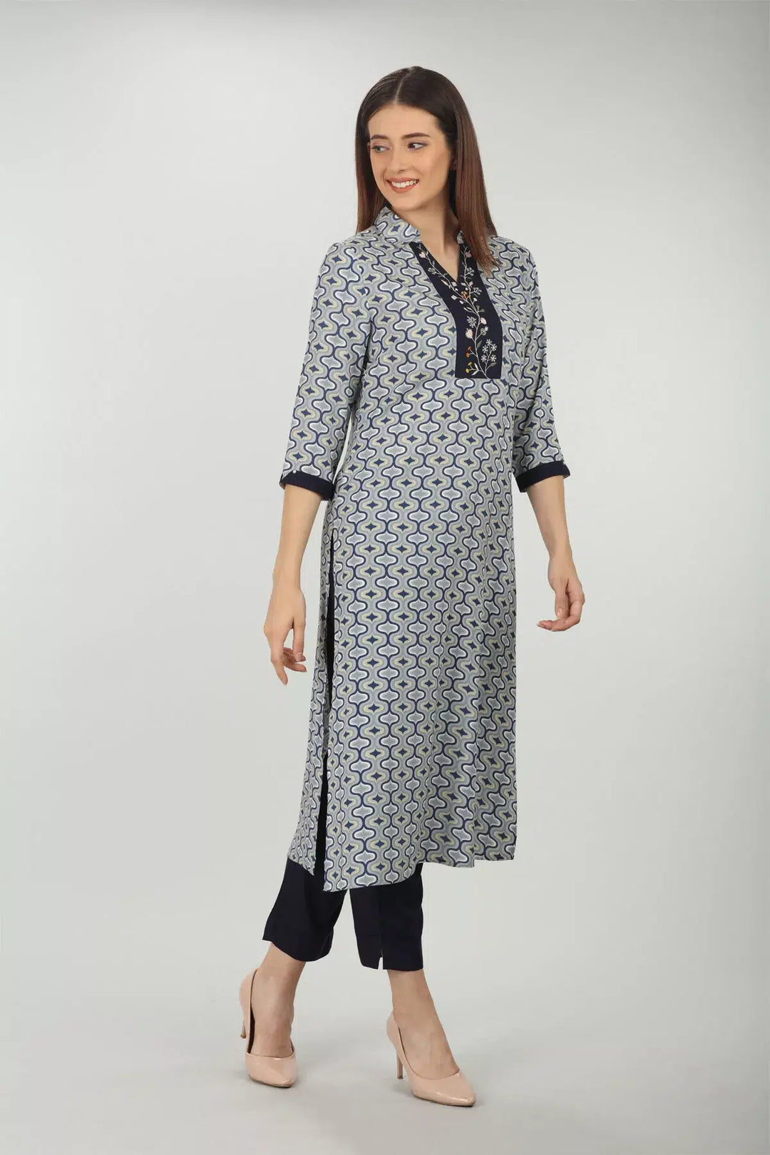 Blue embroidered kurti with collared Neck