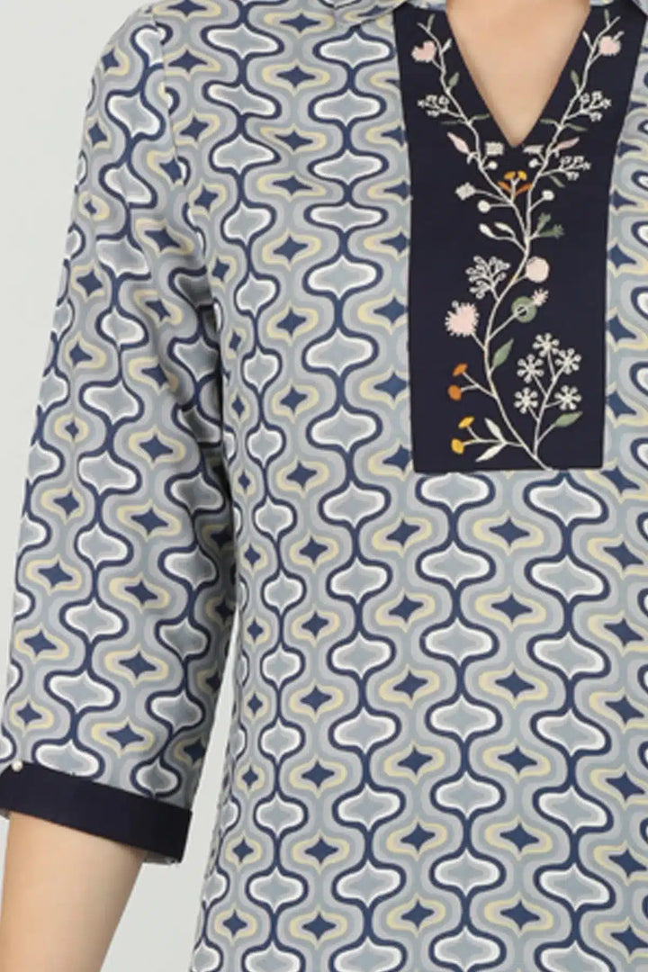 Blue embroidered kurti with collared Neck