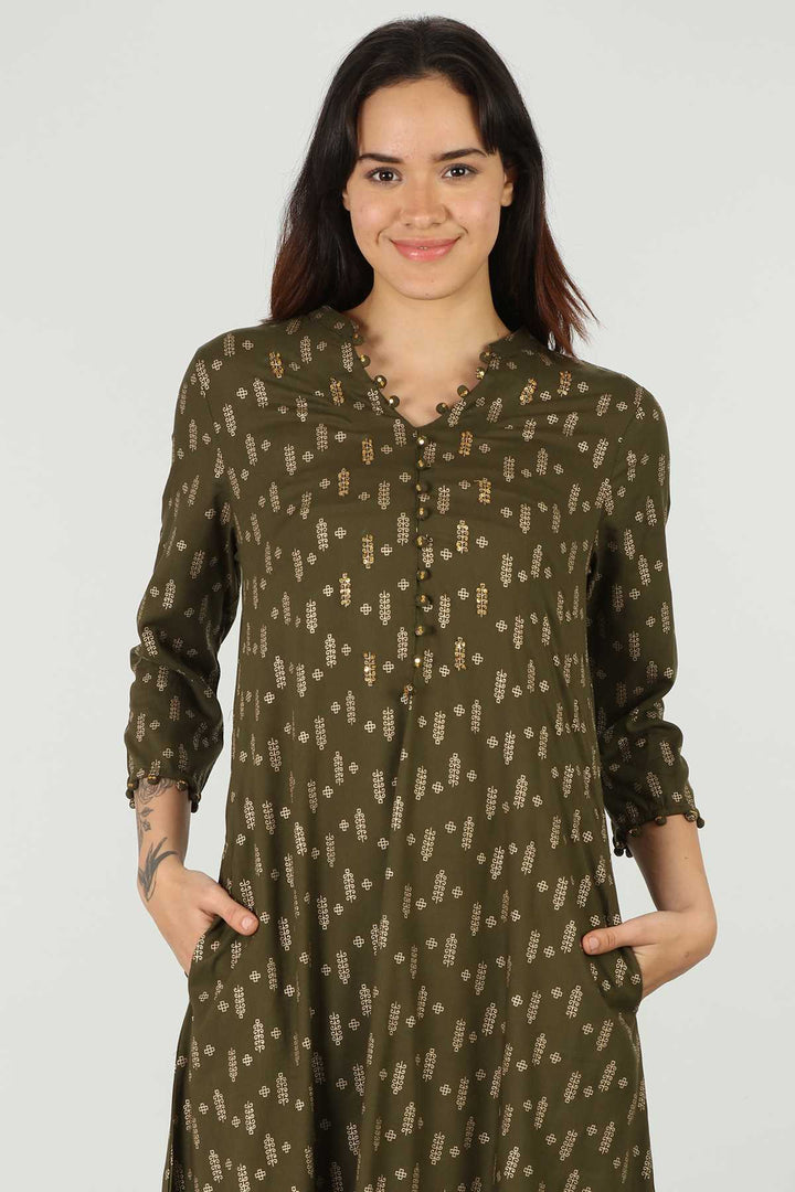 Rayon Green Foil Printed Kurti