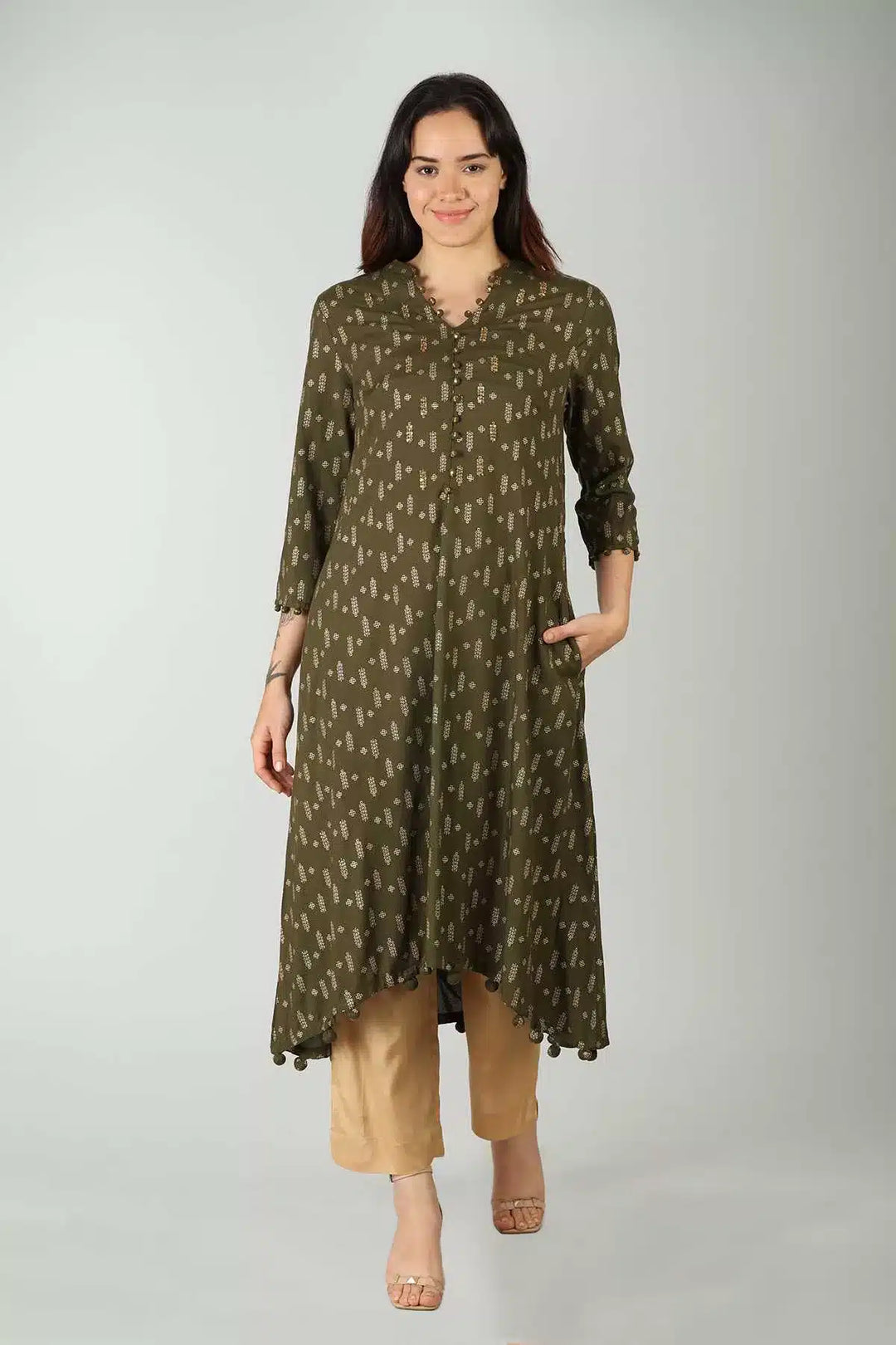 Rayon Green Foil Printed Kurti