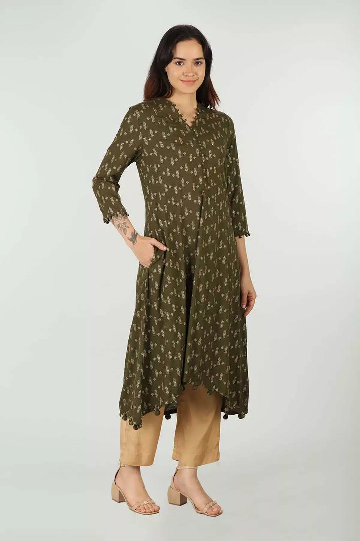 Rayon Green Foil Printed Kurti