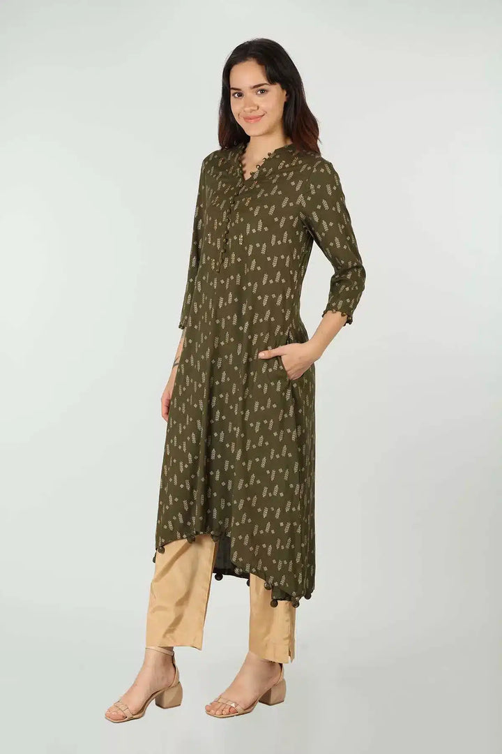 Rayon Green Foil Printed Kurti