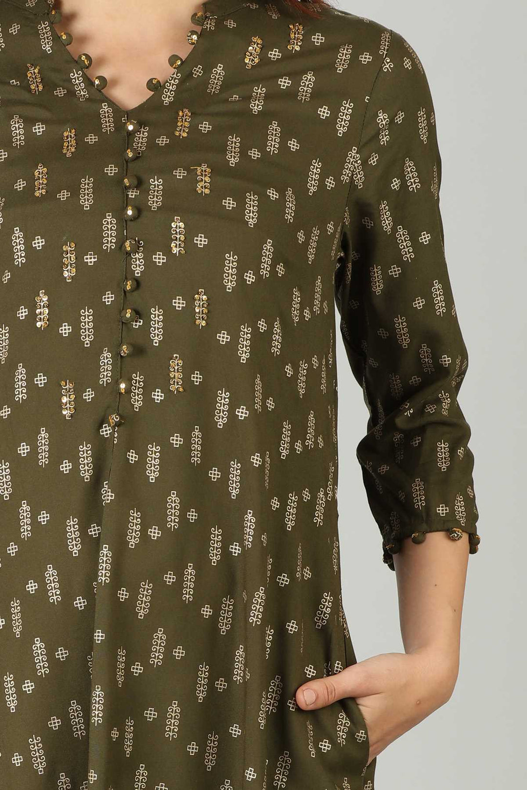 Rayon Green Foil Printed Kurti