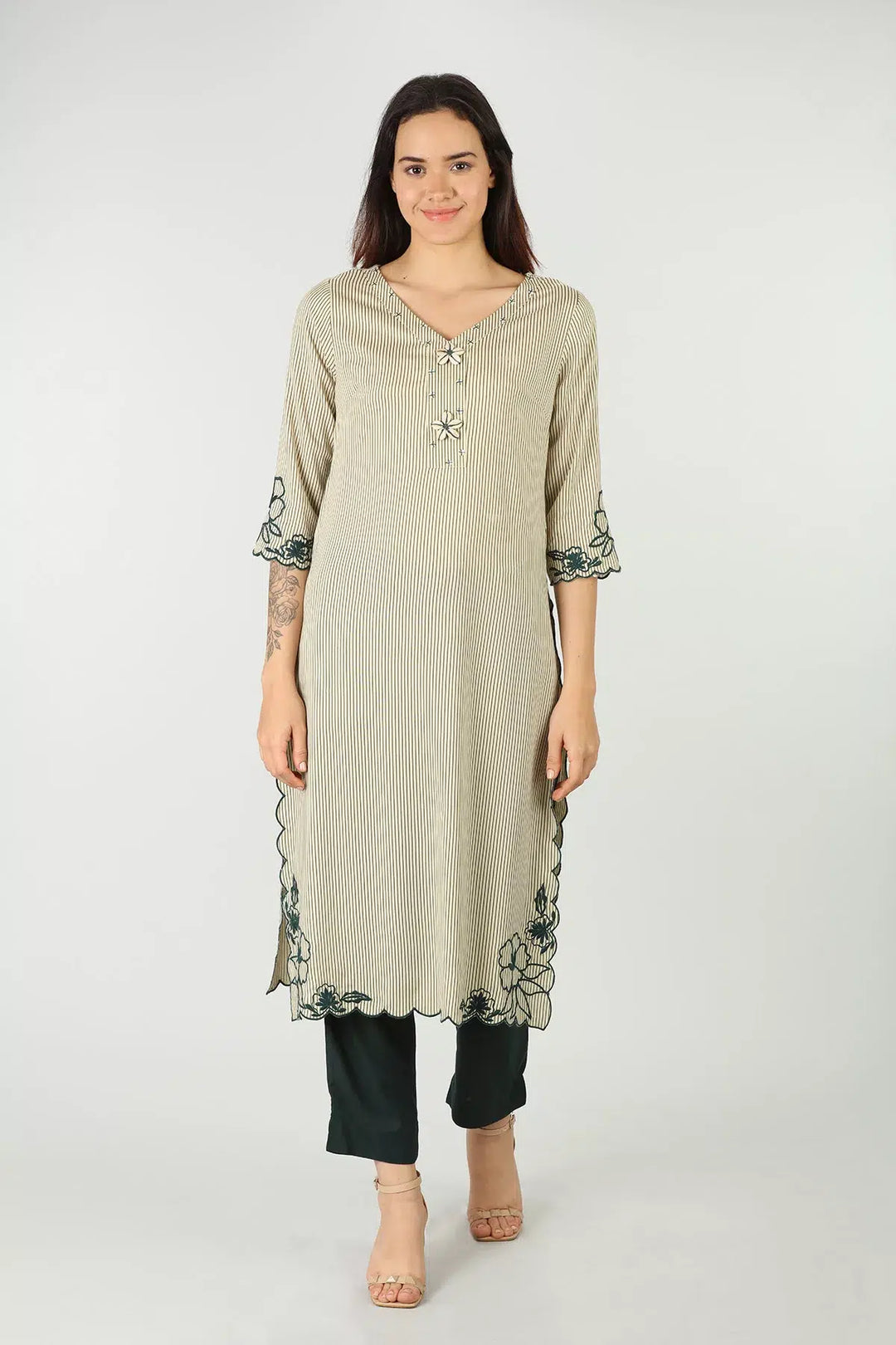 Off-white embroidered kurti (striped)