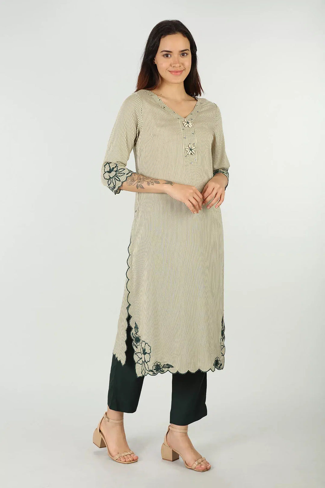 Off-white embroidered kurti (striped)