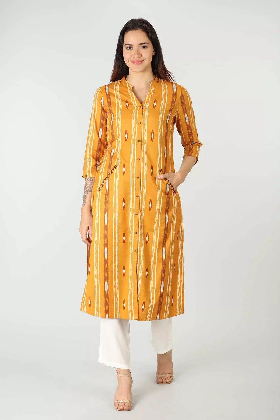 Rayon Yellow Slub Printed Kurti