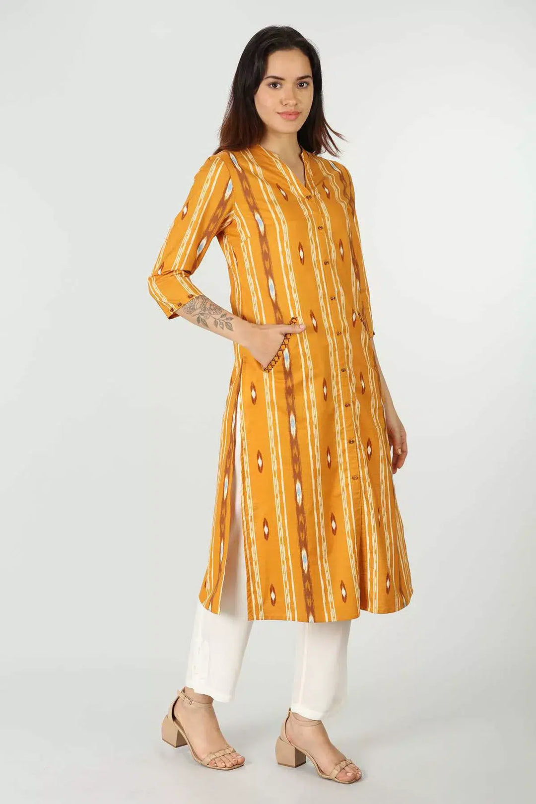 Rayon Yellow Slub Printed Kurti
